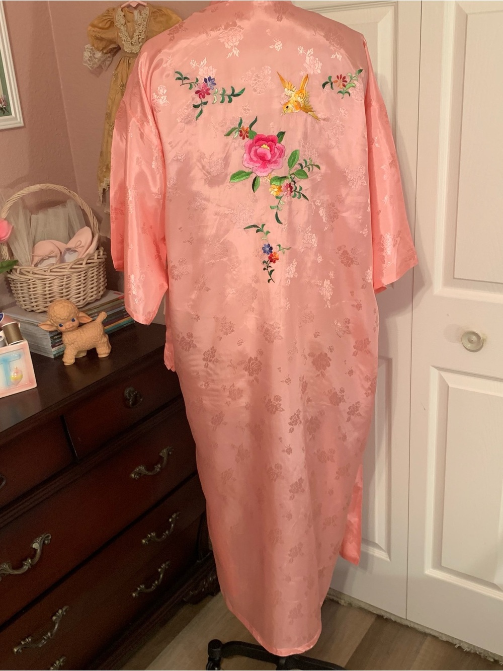 GOLDEN BEE Vintage Embroidered Pink Satin Kimono Robe for Women